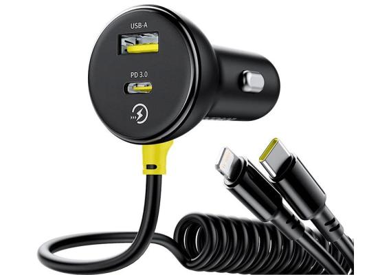 Baseus Circular Car Charger with USB-C / Lightning Cable, 60W, 3A, 1 x USB-A - 1 x USB-C, Black